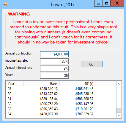 [Compare a savings account to a 401(k) in C#]