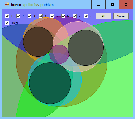 [Find circles that are tangent to three given circles (Apollonius' Problem) in C#]