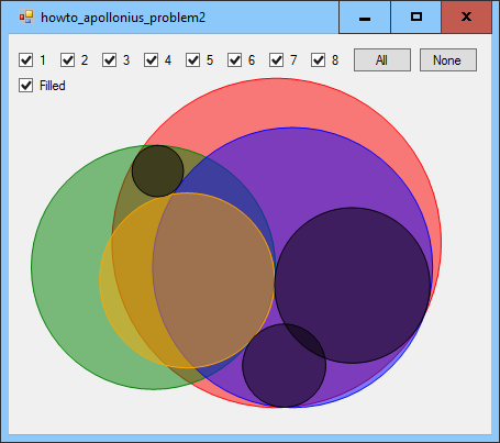 [Draw three circles and find their tangent circles in C#]