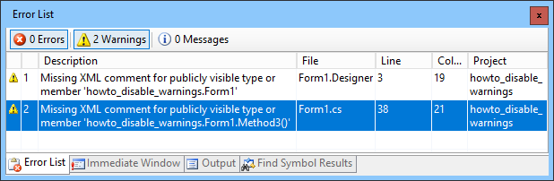 [Disable Visual Studio warnings in C#]