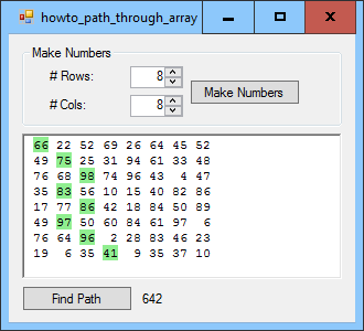 [Find the highest value path through a two-dimensional array of numbers in C#]